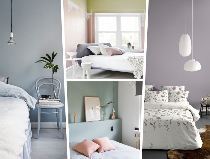 deco chambre parentale en couleurs pastel, aménagement chambre à coucher aux murs vert pastel et blanc avec accessoires en rose pastel