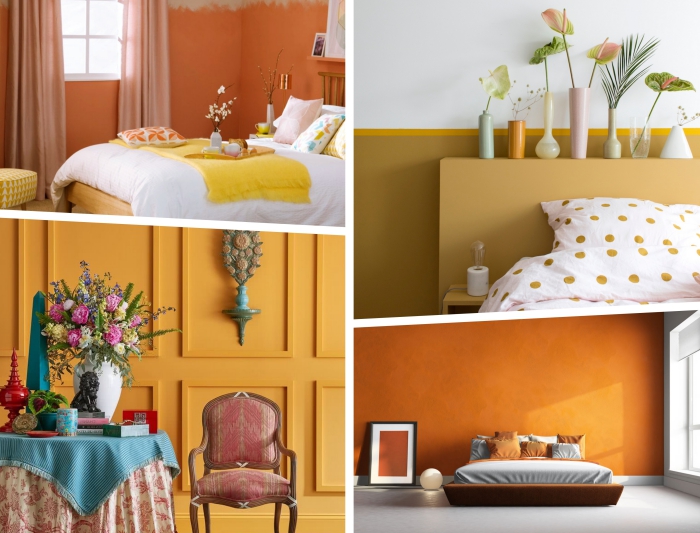 idée couleur chambre 2019, exemple de peinture bicolore en jaune moutarde et blanc, chambre aux murs gris et orange