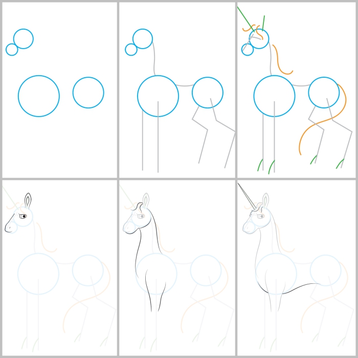 comment dessiner une licorne en partant de trois cercles de base, suivre un pas à pas détaillé pour reproduire le dessin