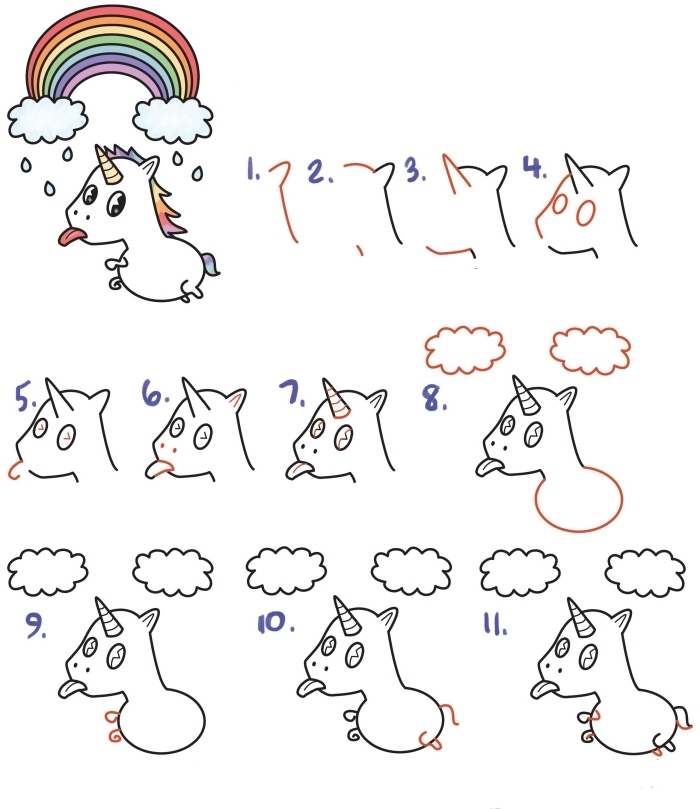 comment dessiner une licorne kawaii qui tire la langue volant en dessous d'un arc-en-ciel, cours de dessin maternelle