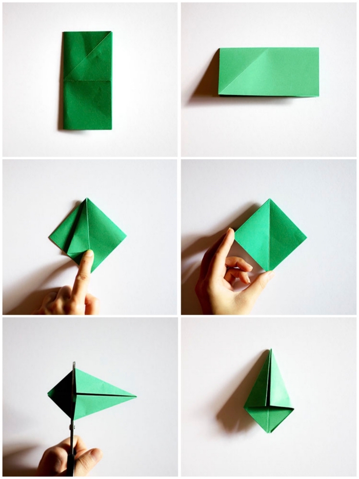 technique de pliage simple et rapide pour réaliser un sapin origami, guirlande de noël aérienne de petits sapins en papier origami