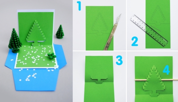comment réaliser une carte de noel à effet sapin pop up, étapes à suivre pour faire une jolie carte de noel en papier coloré