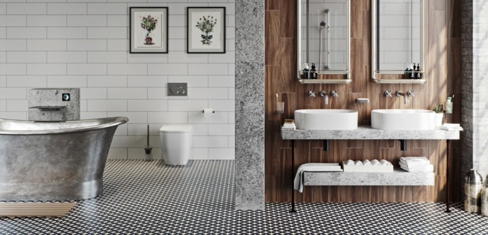 Moderne style industriel, salle de bain industrielle, belle decoration, baignoire vintage style original bois et materiaux brutes