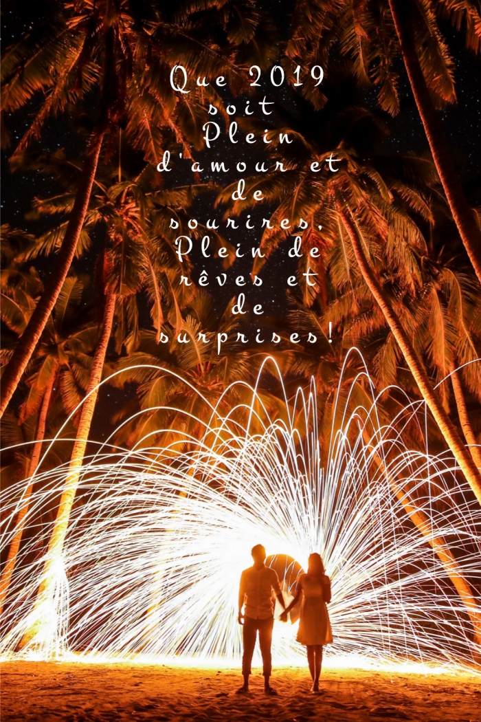 photo célébration de nouvel an en plein air avec feux d'artifice, image couple sur la plage et voeux pour nouvel an