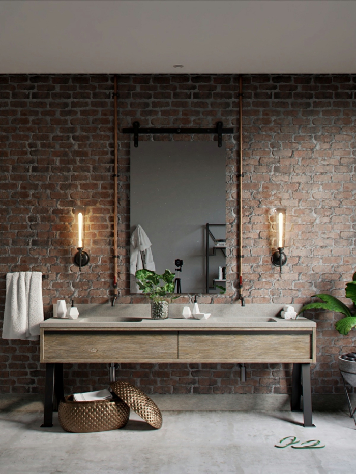 Grand miroir, meuble salle de bain a pieds industriel style, utilisation bois et métal pour les meubles salle de bain industrielle 