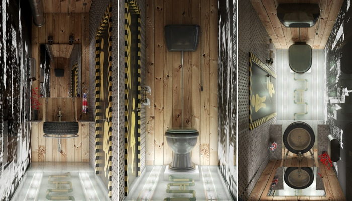 Quelle est la meilleure idée de decoration industriel, salle de bain industrielle, cool idée pour la déco stylée, trois photos de différent angles 