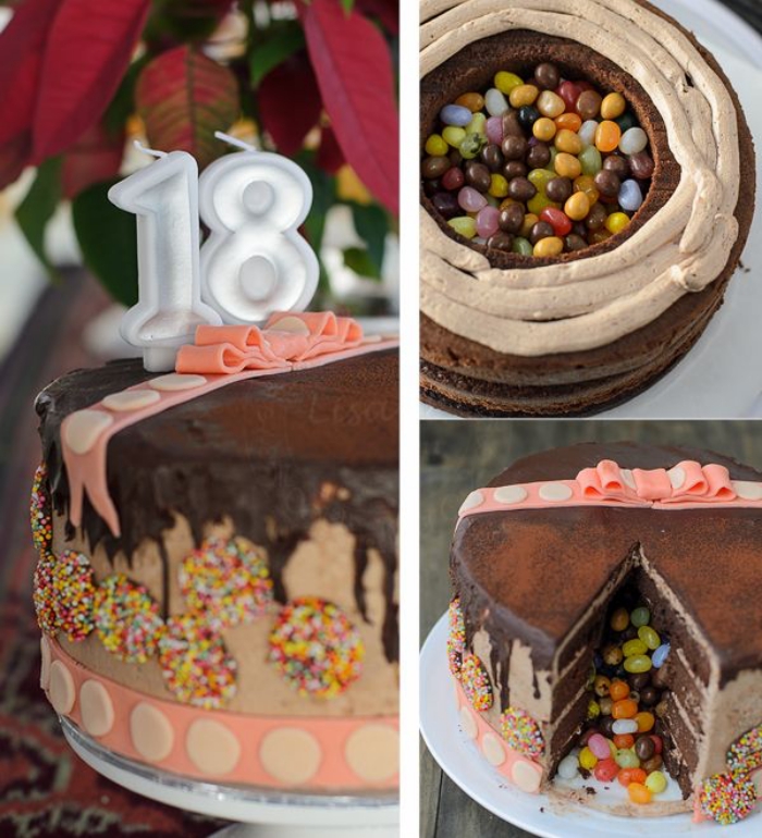 pinata cake au chocolat pour fêter ses 18 ans rempli de bonbons gélifiés, au glaçage coulant en chocolat décoré avec un ruban en pâte à sucre