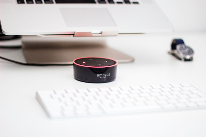 modèle haut-parleur main libre d'Amazon, gadget commande vocale Alexa, assistant personnel d'Amazon en ligne