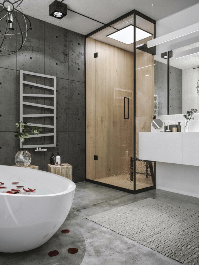 Verriere salle de bain, style industriel, cool idée de decoration interieur design industriel chouette idée, petailles de rose dans le baignoire