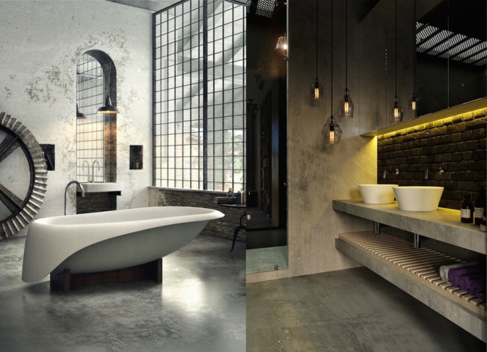 Unique salle de bain noir et bois, style industrie pourl ma maison avec belle salle de bain originale, ultra-moderne baignoire, lustre industriel 