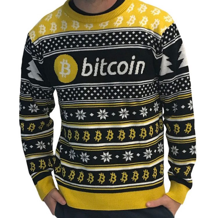 pull moche bitcoin pour tenue de noel kitsch fete du reveillon homme jaune et noir