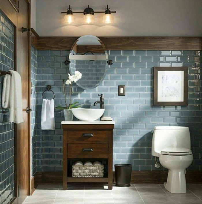 La plus belle salle de bain retro, decoration industriel vintage, style beau et moderne actuellement bleu carrelage 