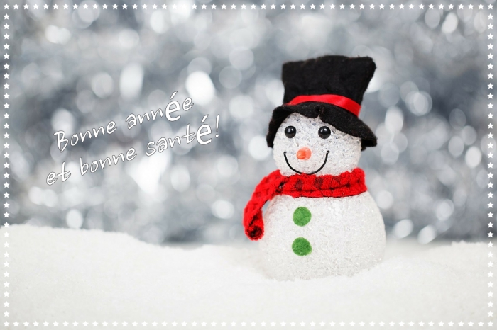 bonne année 2019 image, photo figurine bonhomme de neige avec mots bonne année, idée carte voeux 2019