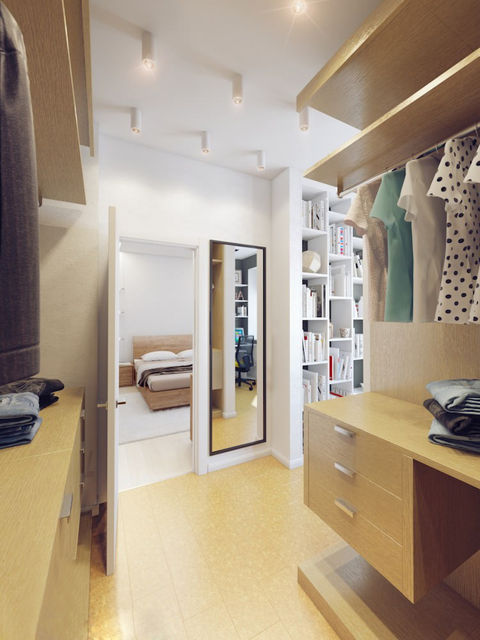 Petit dressing caisson, chambre à coucher et dressing rangement pour vêtement, chambre blanche décoré en beige
