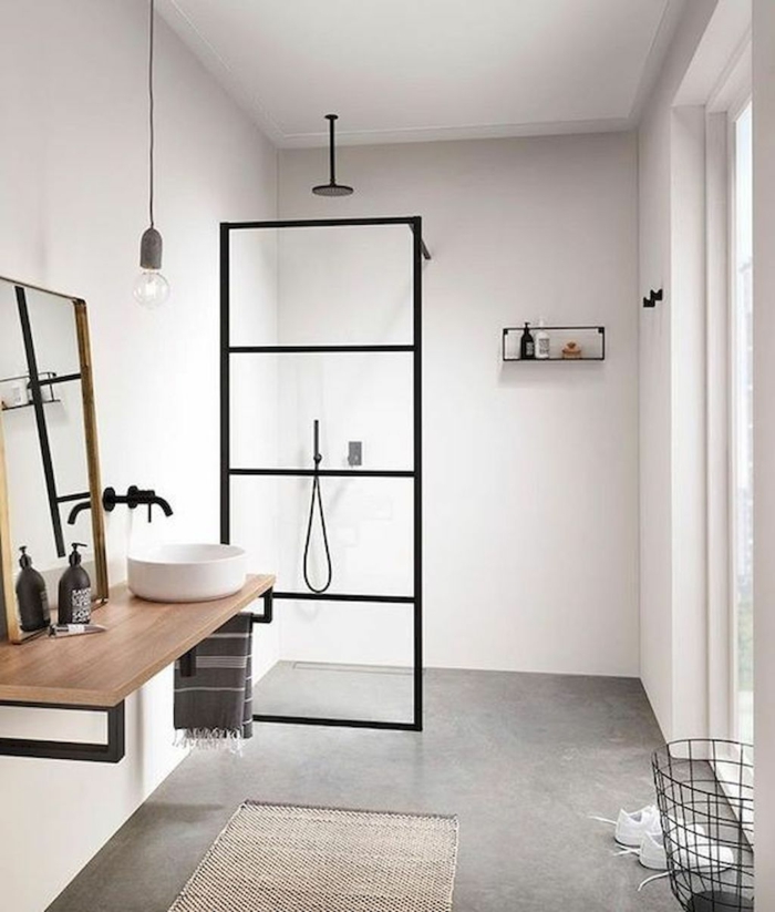 Style industriel simplicité, formes simples meuble salle de bain vintage, interieur amenagement verrine douche industriel 