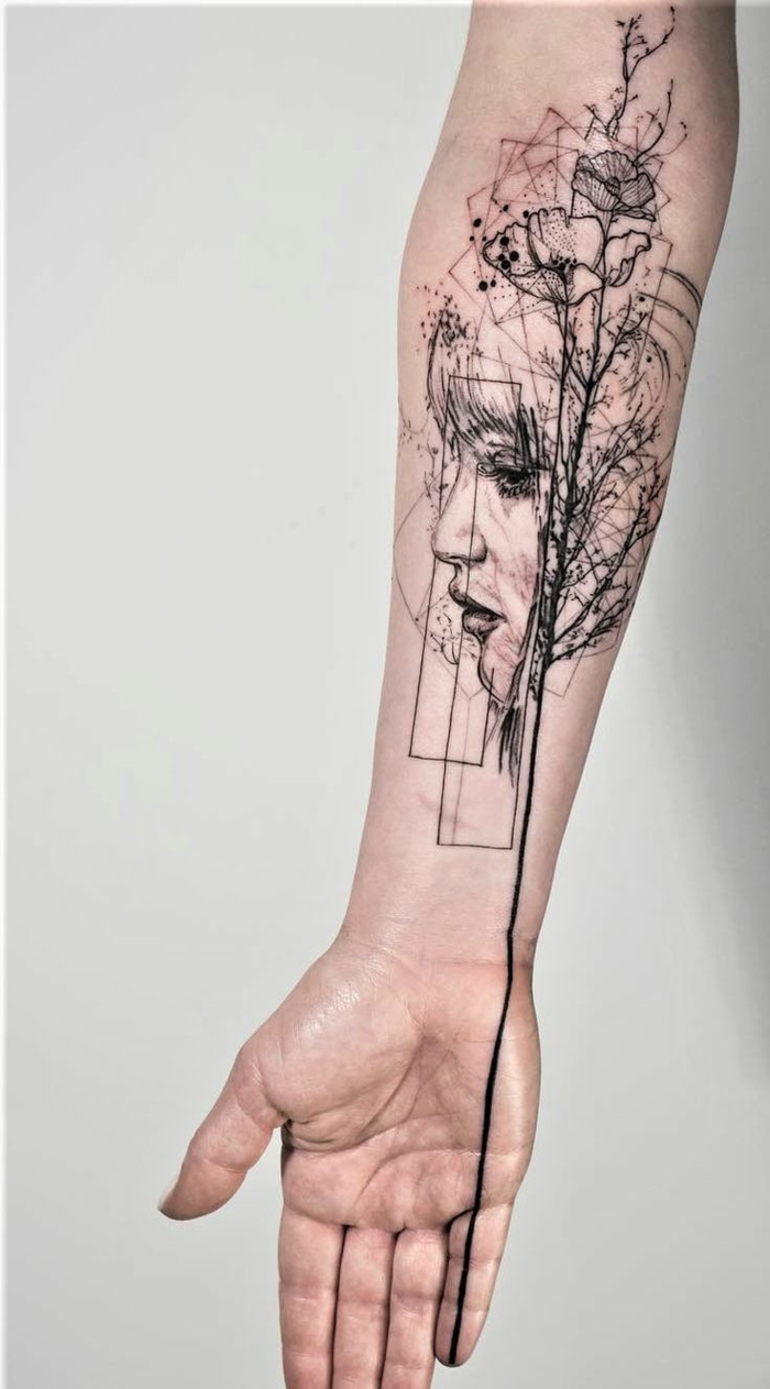 Moderne tatouage tete de fille avec ligne qui finisse en fleur, ligne des le doigt tatouage, dessin stylisé et abstrait, idée quel tatouage est le meilleur pour moi