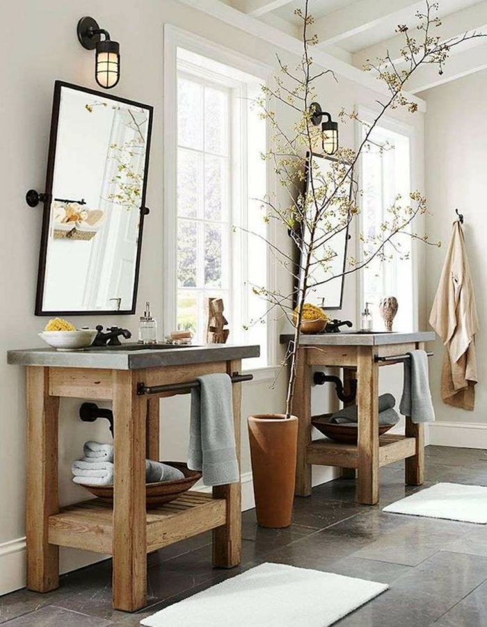 Pinterest salle de bain, décoration salle de bain industrielle, relooker simple idee creer de l’ambiance table bois 