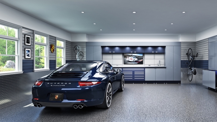 exemple rénovation de garage moderne, design intérieur garage aux murs en panneau gris et plafond blanc avec porte-vélo