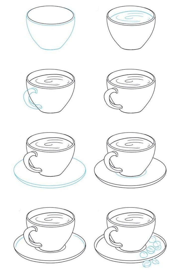 exemple de dessin facile à reproduire, pas à pas dessin tasse de café avec assiette