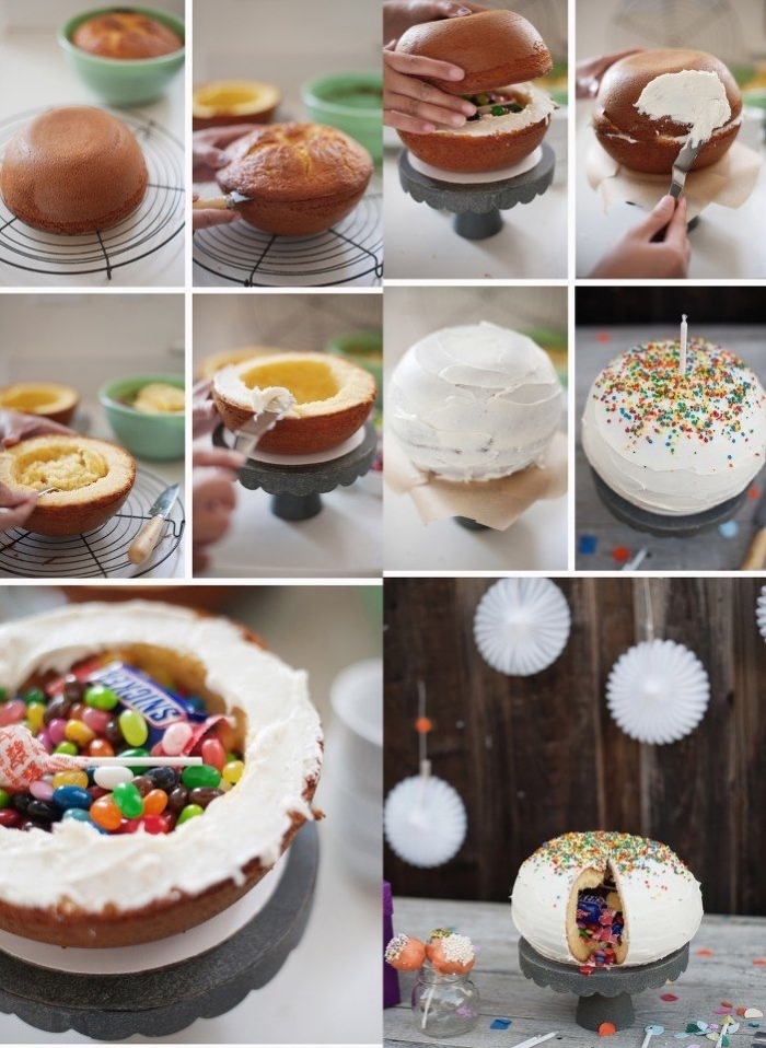 idée de gâteau d'anniversaire fait-maison, pinata cake sphérique nappé de crème pâtissière nature fourré de surprises gourmandes