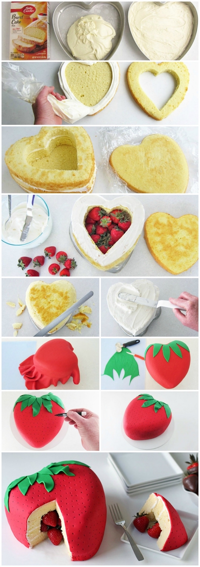 comment-monter-un-gateau-surprise-en-forme-de-fraise-décor-pâte-d-amande-coeur-fraises tutoriel pour faire un gateau pinata aux fraises en forme de coeur, recouvert de pâte à sucre