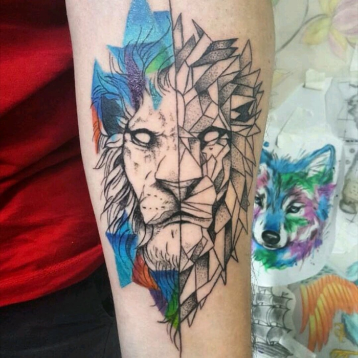 Tatouage abstrait, modele de tatouage ephemere, magnifique animal graphique, se tatouer un lion géométrique tatouage, faire le meilleur choix pour soi