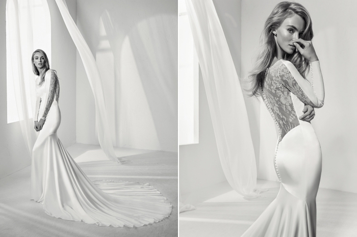 coupe-sirène-classique-robe-de-mariée-originale-pronovias-dos-transparent-illusion-avec-fleurs-en-dentelle-manches-longues-blanches-et-dentelle-florale modèle de robe de mariée blanche avec longue traîne et dos illusion à motifs fleurs effet tatouage en dentelle, robe de mariée sirène