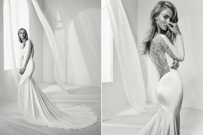modèle de robe de mariée blanche avec longue traîne et dos illusion à motifs fleurs effet tatouage en dentelle, robe de mariée sirène