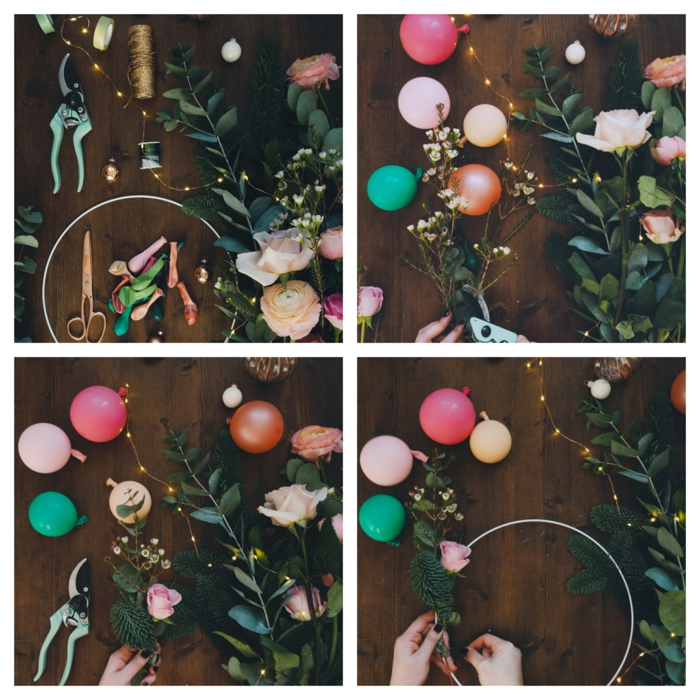 couronne de noel en mini ballons, cerceau et bouquet de roses et feuilles vertes, guirlande d'ampoules électriques