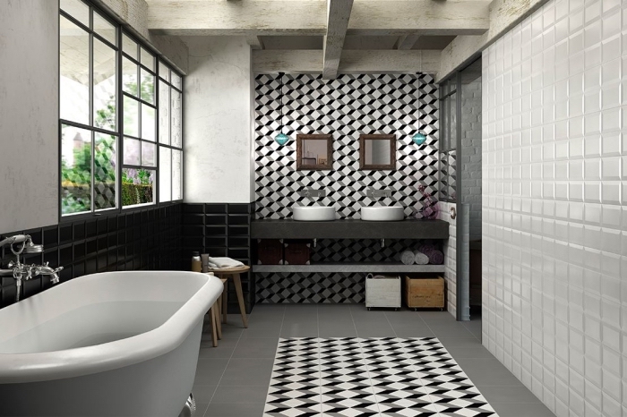 aménagement salle de bains vintage en noir et blanc, crédence imitation carreaux de ciment graphique qui couvre l'intégralité du mur et qui reprend les motifs du revêtement du sol