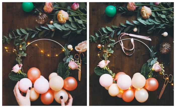 couronne de noel pour la porte avec mini ballons décoratifs, boules de noel, lampes électriques, bois foncé