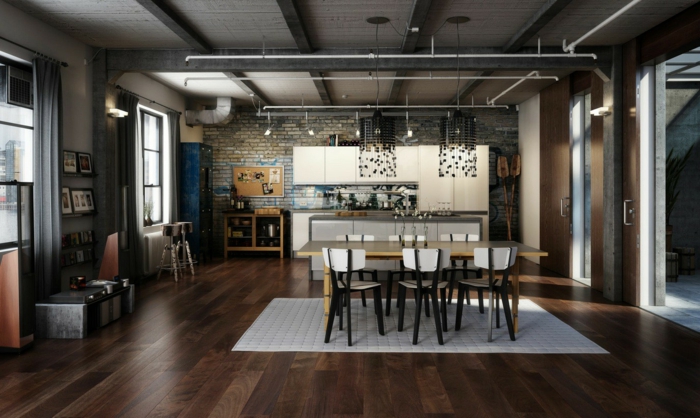 cuisine style industriel, parquet pour cuisine bois foncé, tapis blanc, plafond industriel, cuisine et salle à manger, mur en briques