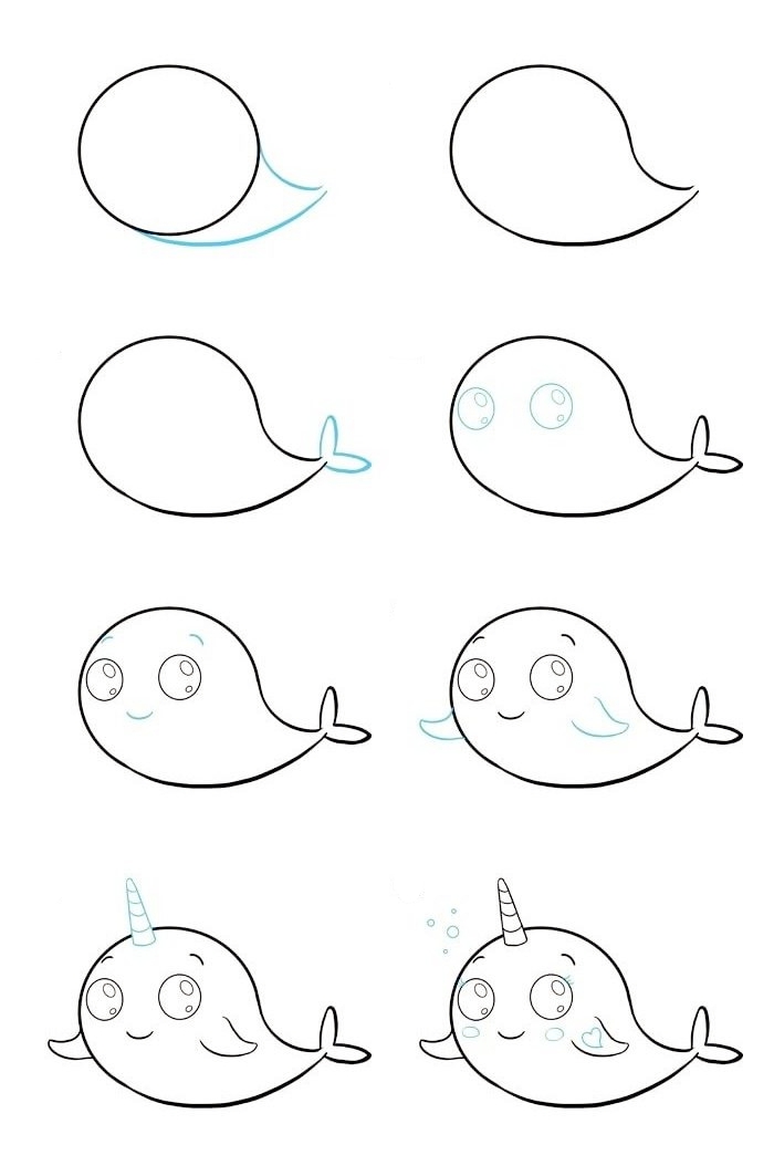 pas à pas pour réaliser un dessin facile de baleine licorne, exemple comment dessiner un animal de mer