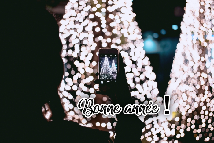 photographie de Noel avec sapins décorés en guirlandes lumineuses, images bonne année 2019, fille prenant des photos de Noel