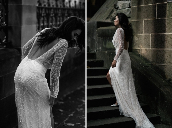 robe de mariée 2018 2019, modèle de robe longue blanche à dos ouvert rond et manches transparentes à effet scintillant