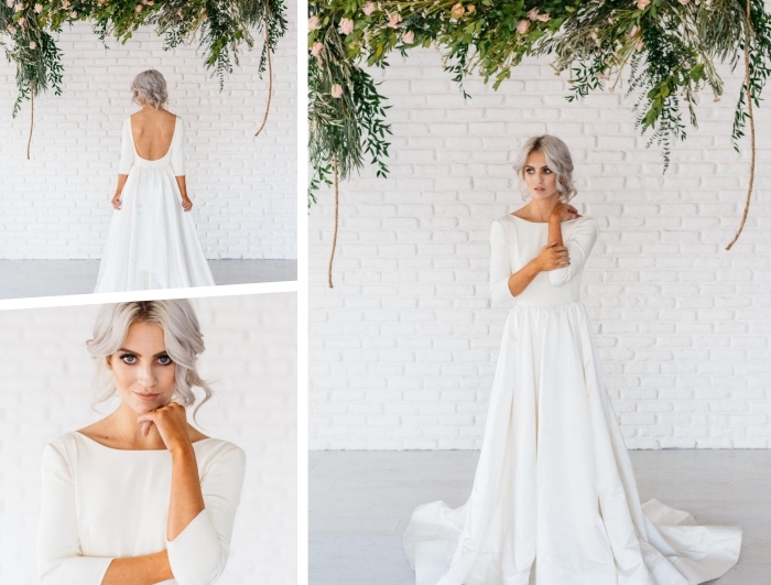 dos-nu-robe-de-mariée-pas-cher-dorrisdress-manches-longues-jupe-fluide-robe-blanche-petite-traîne-décolleté-bateau-silhouette-a-line-coupe magnifique robe de mariée avec manche longue à design élégant, robe blanche avec jupe plissée et dos ouvert rond