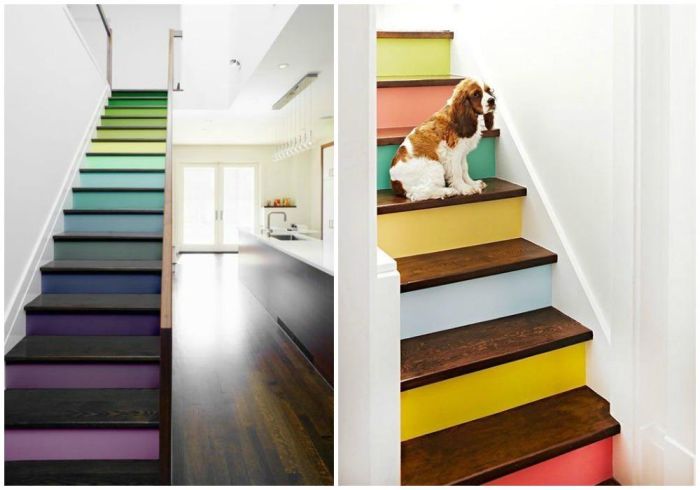 contremarches peintes en couleurs différentes en joli contraste avec les marches en bois vernis pour dynamiser l'escalier et lui donner un coup de neuf