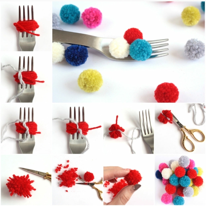 fabriquer des pompons de petite taille en couleurs différentes, comment faire de pompons avec fourchette