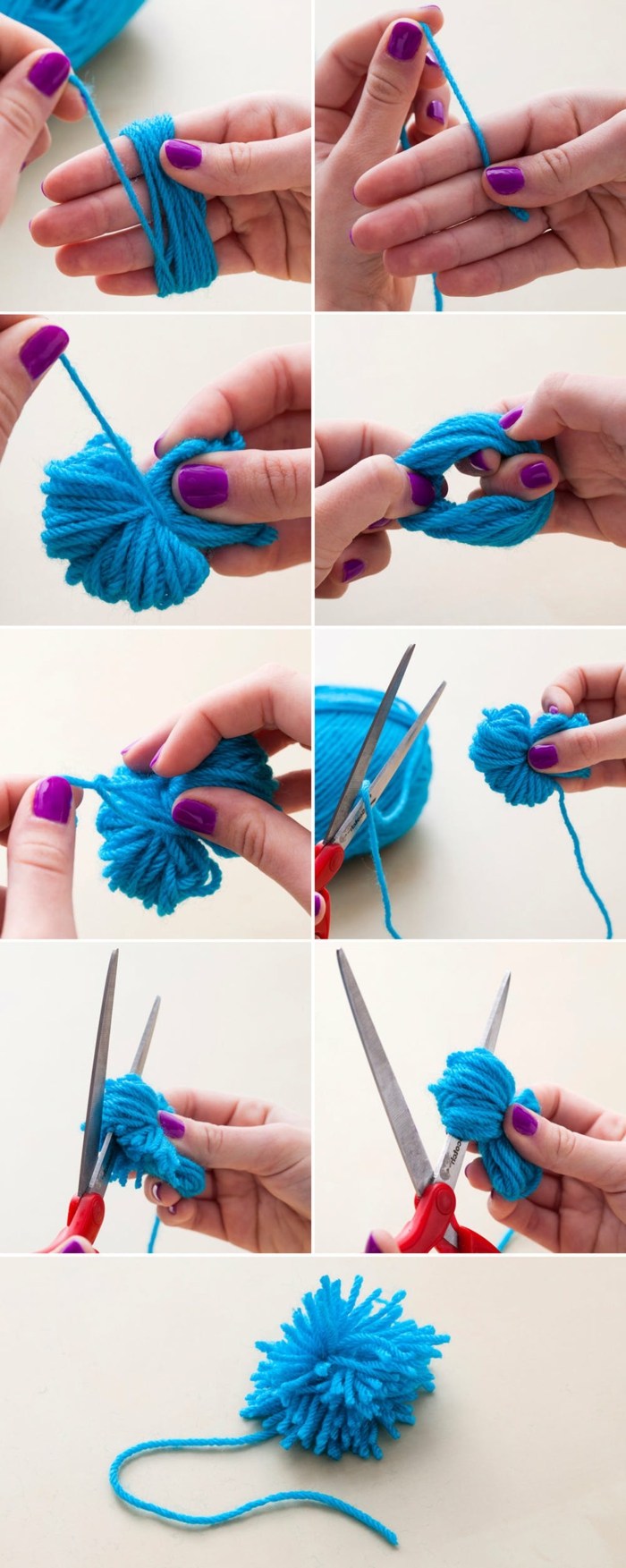 faire un pompon en laine, peloton de fil bleu enroulé autour des doigts, technique pour fabriquer des pompons