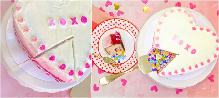 gâteau-surprise-en-forme-de-coeur-ombré-cake-glaçage-dégradé-décoration-bonbons-coeurs un gateau pinata en forme de coeur pour la saint valentin, qui cache des bonbons cœurs au glaçage dégradé