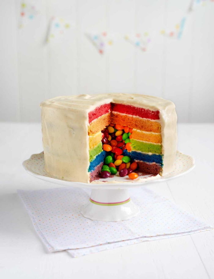 recette de gateau aux smarties façon piñata cake, composé de génoises aux couleurs de l'arc-en-ciel, nappé de crème au beurre