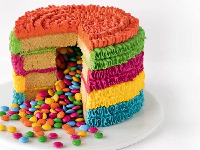 gateau-aux-smarties-glaçage-arc-en-ciel-à-la-poche-à-douille-gâteau-étagé-génoises-vanille gateau pinata composé de quatre génoises moelleuses avec une jolie décoration de plusieurs couleurs de ganaches effet ruches