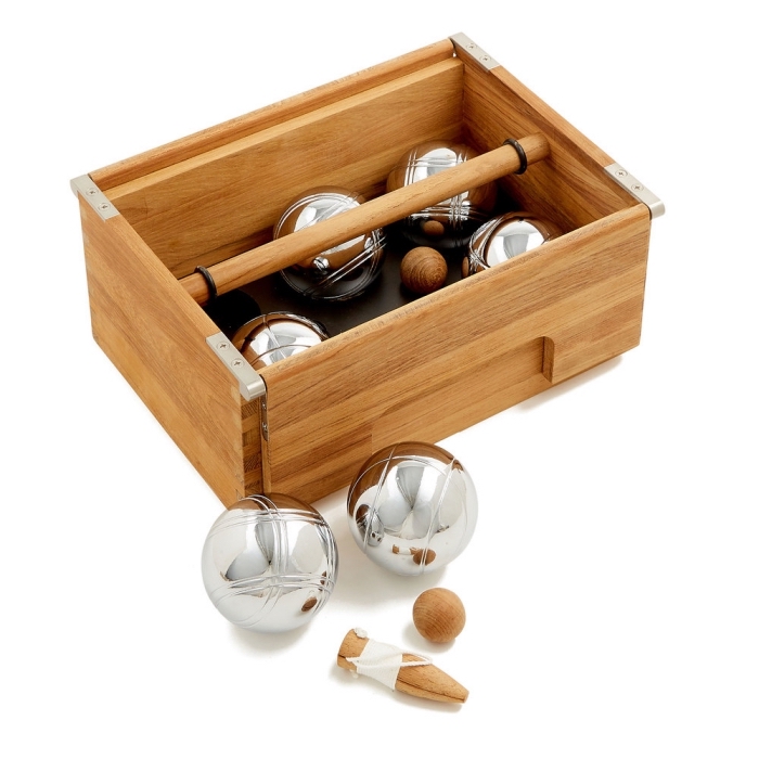idée cadeau grand père, kit de boules de pétanque à finition satinée en inox, dans une boîte en bois élégante