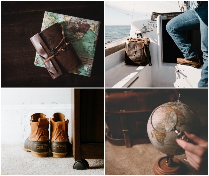 idées de cadeaux pour l'homme qui aime voyager, bottes montantes de randonnées, sac en cuir, globe terrestre vintage et carnet de voyage en cuir