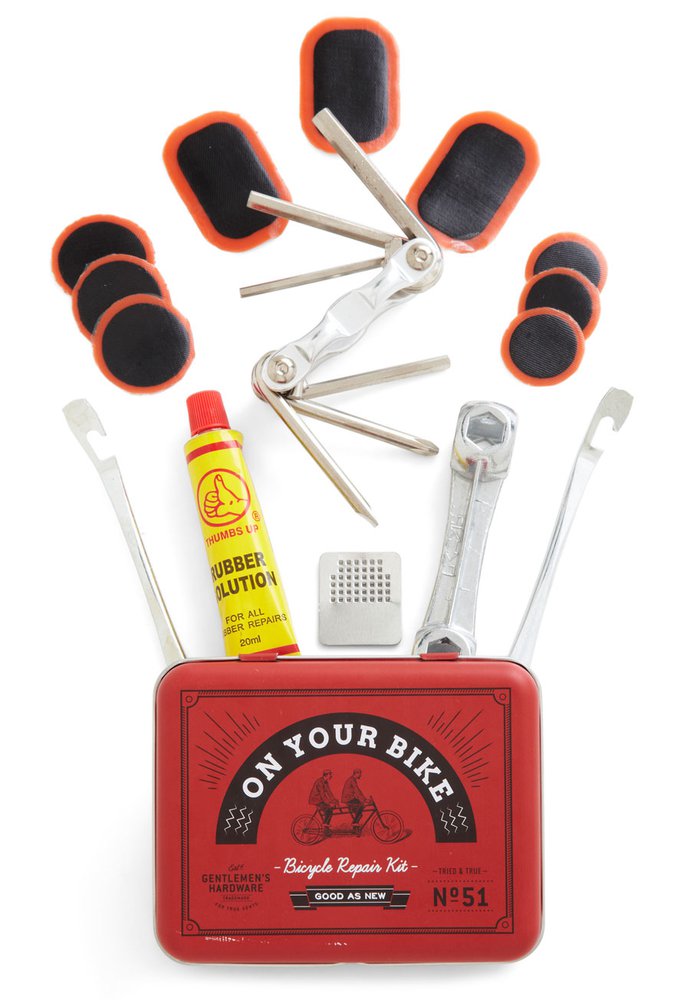 kit de réparation de poche pour vélo avec contenant des outils indispensables, boîte à outils pour vélo rouge au look rétro 