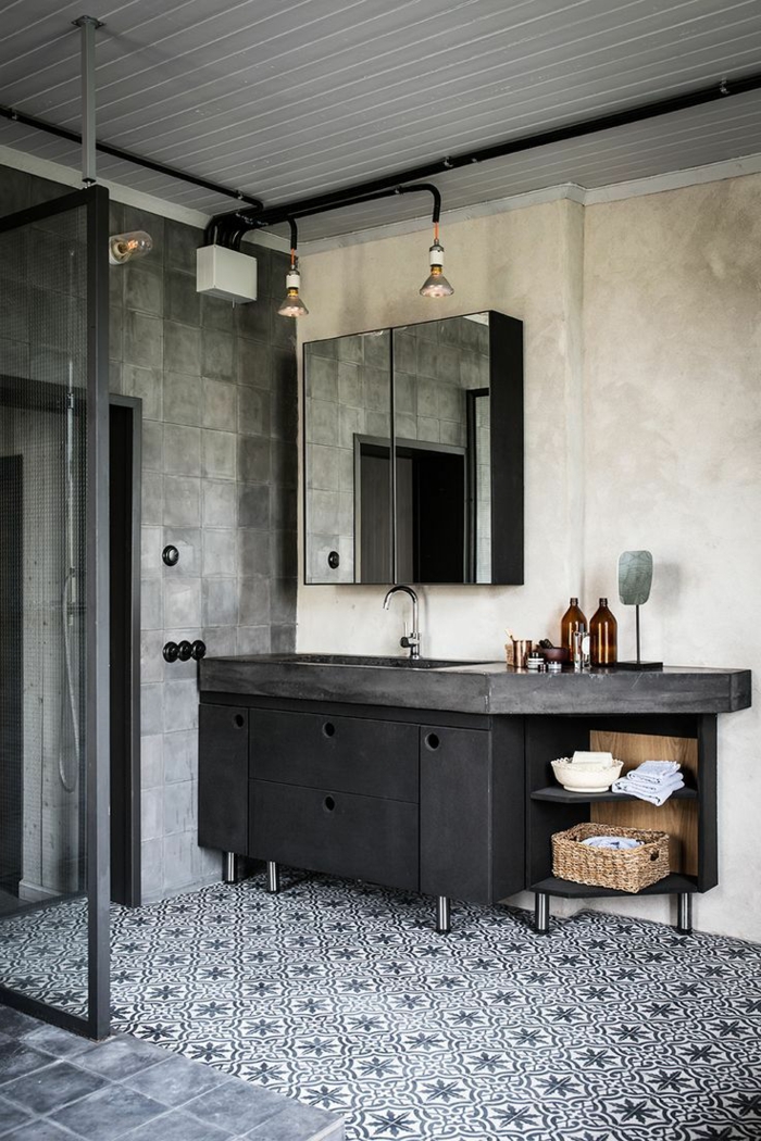 Style industriel simplicité, formes simples meuble salle de bain vintage, interieur amenagement