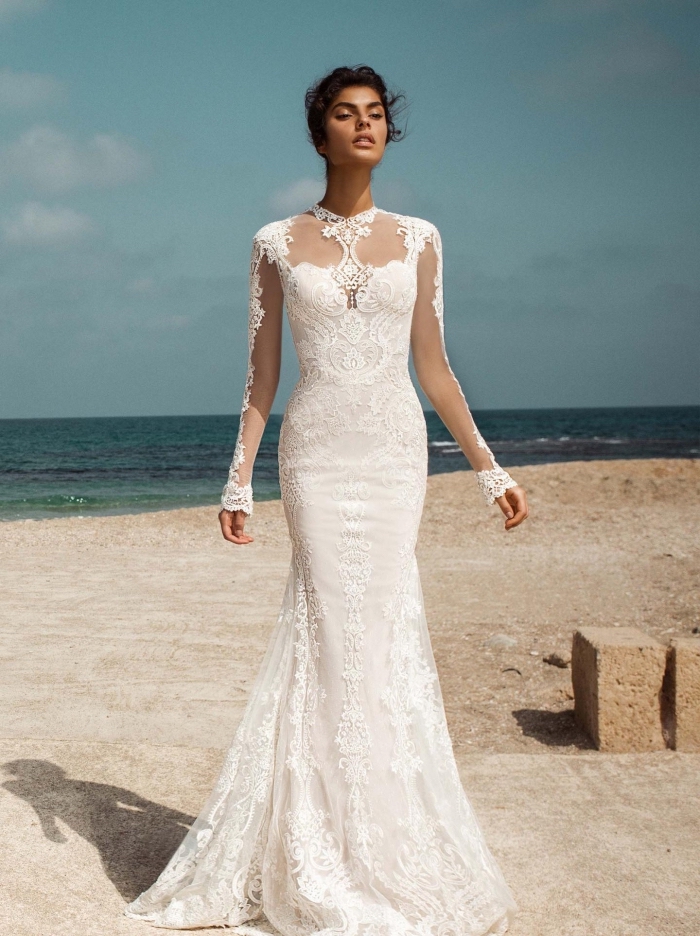 robe de mariée bohème dentelle à manches transparentes avec applications en dentelle florale, robe sirène originale