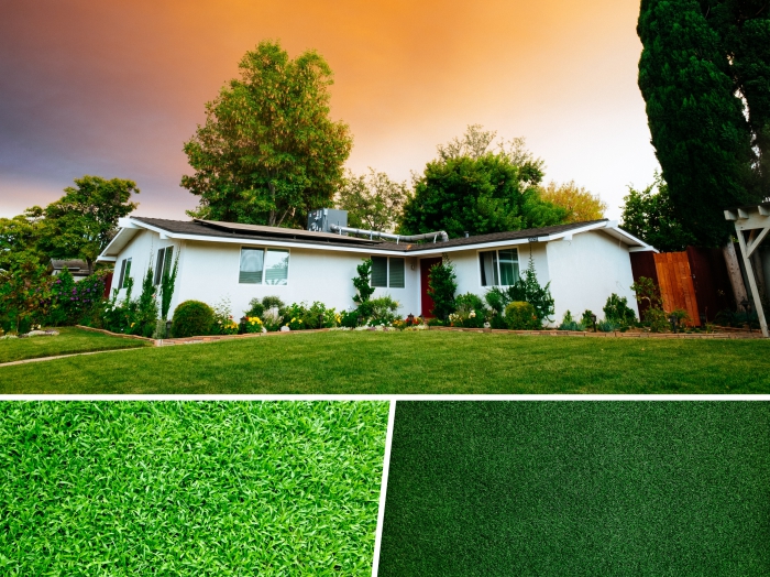modèle de gazon artificiel pas cher, composition pelouse artificielle en fil fin et frisé, astuce jardinage sans entretien