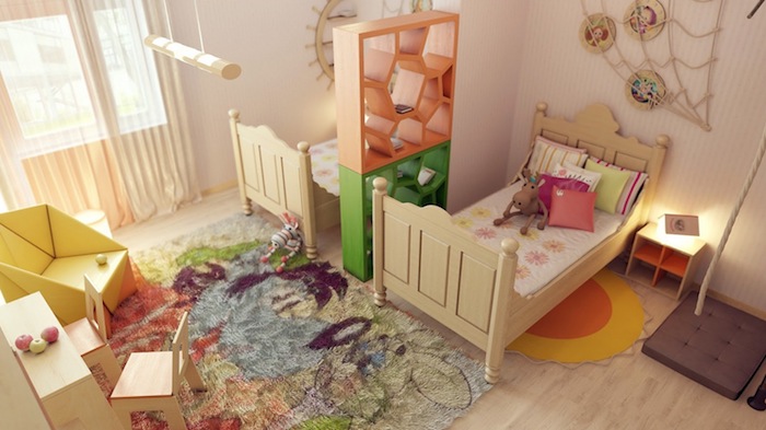 deco chambre enfant fille avec deux lits séparés par une étagère de séparation originale orange et vert, tapis coloré
