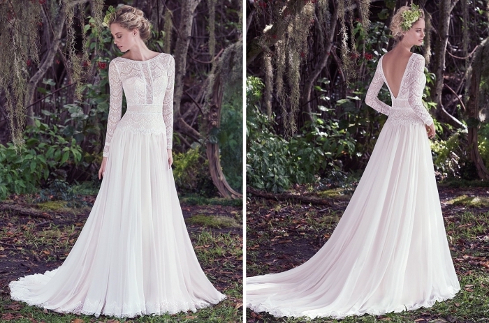 robe mariée bohème à design romantique avec bustier et col montant, modèle robe de mariée blanche à traîne longue